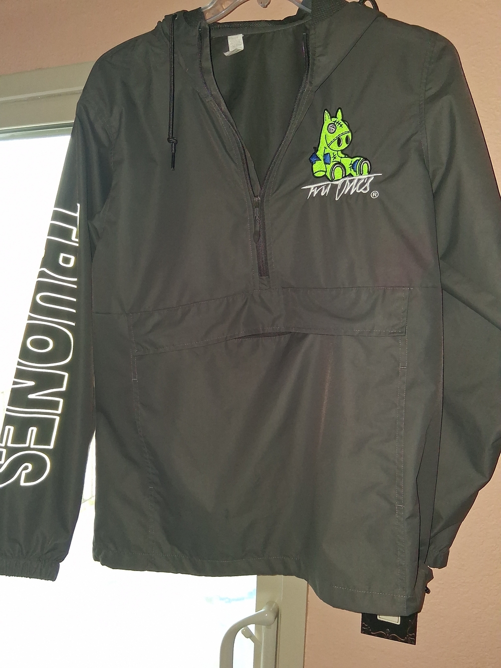 Kids' Dark Green Hooded Rain Anorak with Neon Green Character Accent